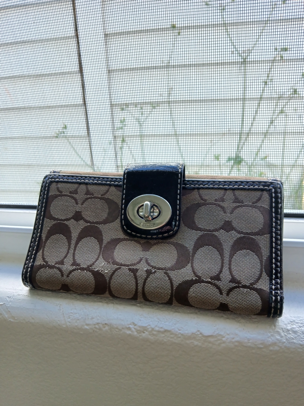 Coach Brown Signature Canvas Wallet with Silver Turnlock